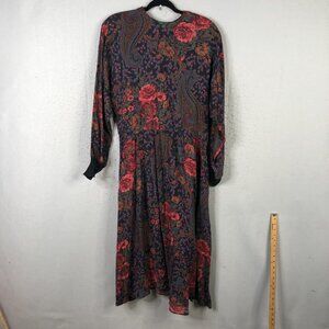 VINTAGE David Warren Dress Womens 12 Black Floral Paisley Made USA Back Zip 80s